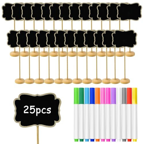 YBCCBY 25 Pz Mini Targhette in Legno per Alimenti,Mini Lavagna Segni con Supporto con 12 Pennelli,Mini Etichette Lavagna per Piante da Giardino per Matrimoni, Eventi, Uffici, Cucine (8x6cm)