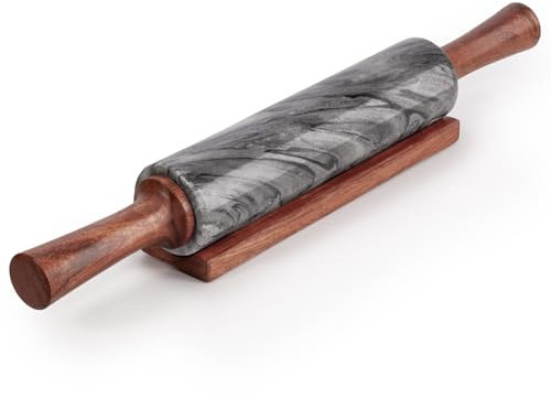 EHC Marble Rolling Pin for Baking with Acacia Wood Stand, Non-Stick Surface for Pizza Dough, Naan Bread and Pastry, Durable Kitchen Accessory, Perfect for Bakers & Chefs Tool - Grey