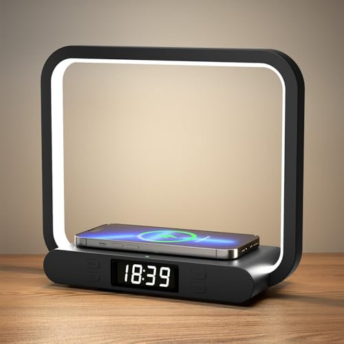 VOSFEEL Lámpara de mesilla de noche con función de carga 4 en 1 Táctil Regulable con reloj Luz de noche 15W Carga inalámbrica con puerto USB Lámpara de mesa para dormitorio Salón Oficina(Adaptador inc