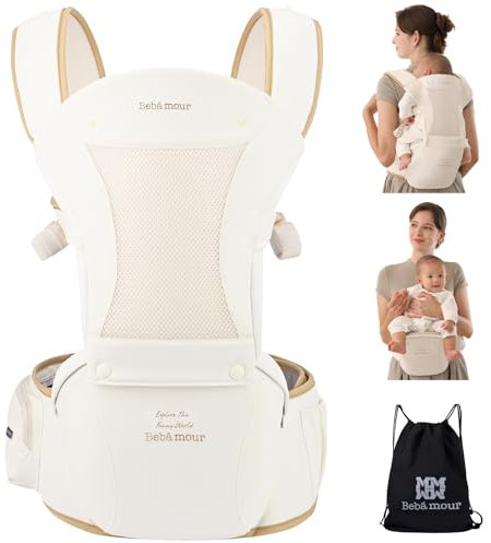 Bebamour Babytrage für Neugeborene bis Kleinkinder, Hüftsitz, 0-36 Monate, Kopfhaube, 3 Stück Zahnungspads, Taillenverlängerung, Beige