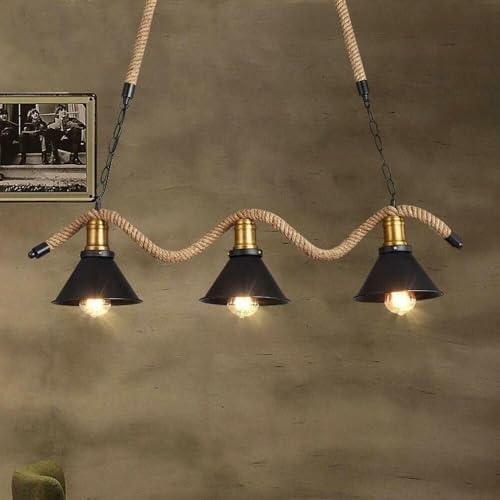 TEKHOME Lampadario a Sospensione Industriale in Corda e Bambù, 3 Luci E27 Stile Rustico Vintage per Sala da Pranzo, Cucina e Ristorante – B24-3