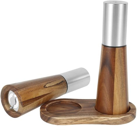 Salière et moulin à poivre avec plateau en bois d'acacia - Set de ponceuse à sel et à poivre rechargeables - Moulin à sel et à poivre - Boucle en céramique - Coûts de base - Boucle de poivre réglable