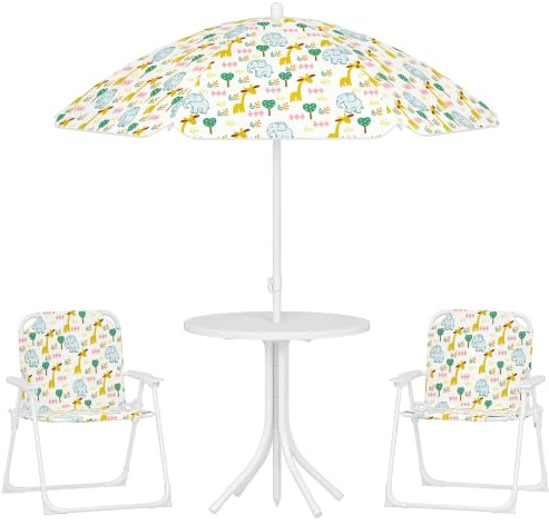 AIYAPLAY Ensemble Salon de Jardin Extérieur Enfant 4 Pièces Blanc | Table Enfant avec Chaise, Motif Éléphant et Girafe, Parasol Réglable Ø 100 cm, Chaise Pliable, Terrasse Balcon Plage