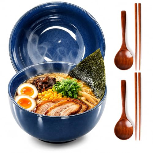 CIGAA Ramen Schüssel Set - 2 x 1200ml Ramen Bowl | Ramenschüssel aus Keramik | Japanische Suppenschüssel mit Essstäbchen und Löffeln | Mikrowelle & Spülmaschinenfest