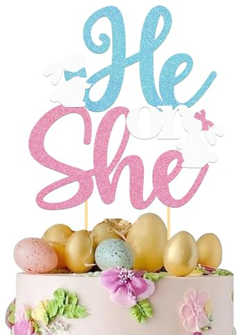24 Pcs Happy Easter Gender Reveal Cupcake Toppers, He or She Bunny Cupcake Toppers for Easter Theme Spring Birthday Baby Shower Decorations (S/H B)