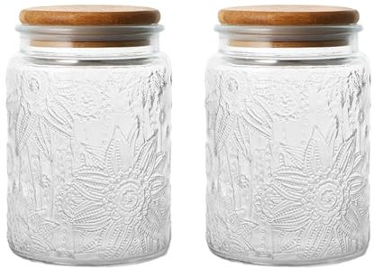 WEELOO Tarro de vidrio con tapa con patrón vintage de 750 ml, tarro de vidrio transparente sellado para alimentos, 2 recipientes de almacenamiento de alimentos para té, café, azúcar, decoración de