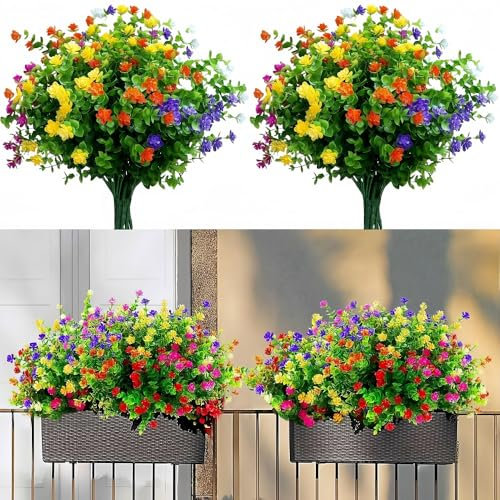 Quanfairy 10 Bundles of 5 Colors Artificial Flowers Outdoor Fake Flowers Indoor Faux Plastic Greenery UV Resistant Shrubs Plants for Hanging Planter Home Garden Wedding Porch Window Graves Decor