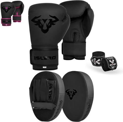 Islero Boxing Gloves And Pads Set Focus Pads Mitts Hook And Jab Hand Target Strike Shield Training Sparring MMA Martial Arts Muay Thai Kickboxing Karate Men Women