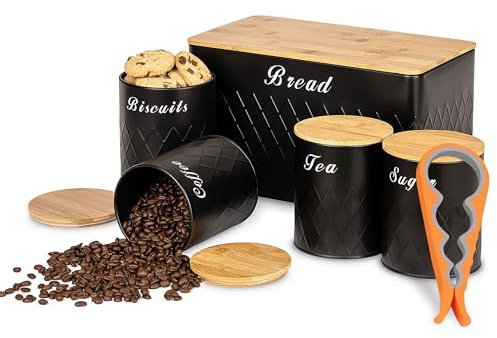 ATEK 5 Pcs Bread Bin Sugar Tea Canister Set with Can Opener, Tea Coffee Sugar Storage Tins Biscuit Barrel and Round Jar Set with Airtight Bamboo Lids, Storage Solution for Kitchen