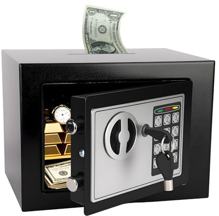 MAESTON Mini Electronic Safe Box with Digital Keypad & Keys, 0.23 Cubic, 9.06Wx6.69Dx6.69H,Small Safe Deposit Boxes with Coin Slot, Safety Boxes for Home Office Dorm, Money safe,For Cash,Gun(Black)