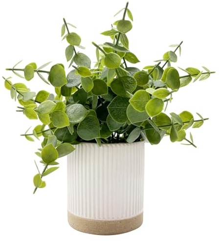 Coferset Small Fake Plants Eucalyptus Potted Artificial Plants Faux Plant Greenery in Ceramic Pot for Bedroom Kitchen House Living Room Shelves Farmhouse Table Office Desk Bathroom Home Indoor Decor