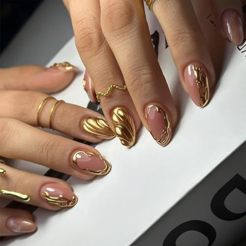 RUISPEED Gold Press on Nails – 24 Faux Ongles Amandes Courts avec Design Nervures Dorées 3D, Ongles Complets Brillants en Acrylique à Coller pour Femmes & Filles, Set Manucure Nude Rose