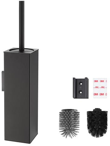 BVL Scopino Bagno WC da Parete Nero, Scopino WC Silicone Adesiva Senza Foratura, Incluse 2 Testine, Spazzolone Bagno WC in Metallo Quadrato