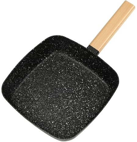 HUSPOO Poêle carrée anti-adhésive en pierre - 18 x 18 cm - Noire - Avec poignée en bois de hêtre anti-brûlure - Pour plaques à induction/à gaz - Idéale pour la cuisine et les plats à emporter