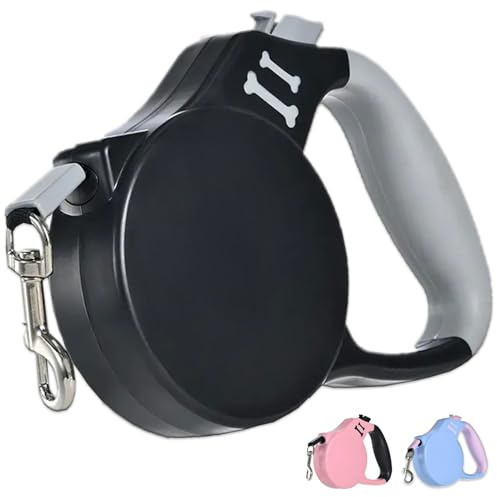 Retractable Dog Lead - 5M/16FT Extendable Dog Lead with Strong Nylon Tape - 360° Tangle-Free Retractable Dog Leads for Up to 25 kg Dogs - One-Handed Brake, Pause, Lock - Dog Leash - Grey and Black