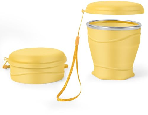 Tasse pliable en silicone avec couvercle, 260ml,sans BPA, bord en acier inoxydable 304, tasse portable pour voyage, camping, randonnée, sports de plein air (jaune)