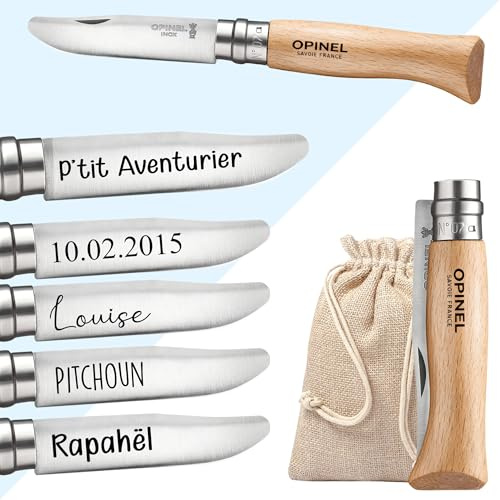 KDO MAGIC Couteau Opinel N°7 Personnalisé Acier inoxydable Pochon inclus | Idée cadeau pour noël, anniversaire, enfant | Couteau personnalisable gravé avec prénom