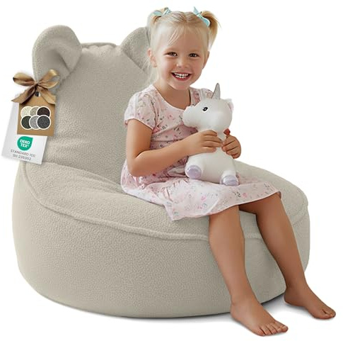 DreamRoots Sitzsack Kinder Bouclé, Maus Form, Kindersessel, Cremefarben