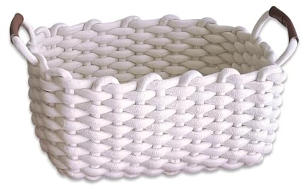Aufbewahrungskorb Geflochten, Geflochtener Korb 36 x 25 x 16 cm Körbchen mit Ledergriffen Korb Aufbewahrung Weiß Körbe Geflochten für Kosmetika Schminktisch Badezimmer