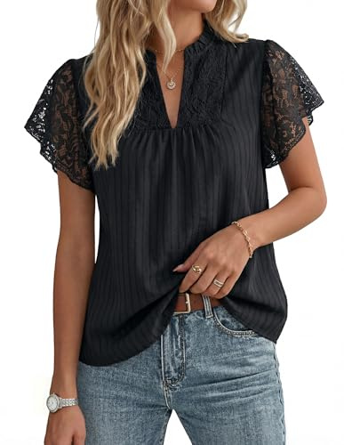 GRACE KARIN Women's Lace Cotton Elegant Top Henley V Neck Ruffled Sleeve Blouse Ladies Summer Casual Going Out Tops