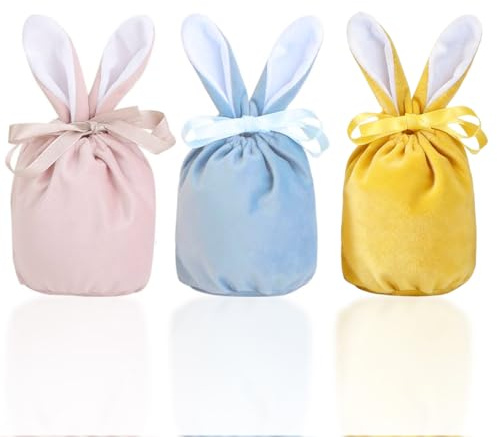CATZUM Borsa Coniglietto Pasquale, 3 Pezzi in Velluto con Orecchie, Stoffa Riutilizzabili per Dolcetti di Pasqua, Borse da Riempire, Sacchetti Regalo per Bambini, Caramelle, Regali, Feste, Caccia Uova
