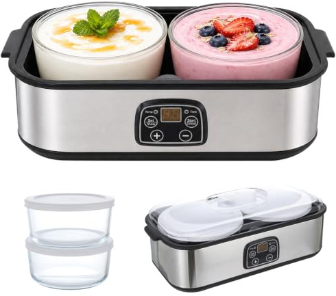 Máquina automática de yogur, 2 L, temperatura ajustable y temporizador, yogurtera con 2 vasos, yogurtera para yogur griego, queso, natto, vino de arroz (plata 2L)