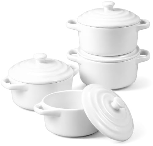 Small Casserole Dishes with Lids, 400ml Ceramic Mini Cocotte Set of 4 | Individual Baking Ramekins Bowls with Handles, for Serving Lasagna Soufflé Soup, Oven Microwave Dishwasher Safe, White