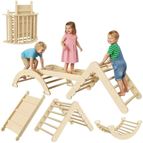 Djioyer 7-in-1 Pädagogisches Kletterdreieck-Set Für Kinder – Faltbares Holzkletterdreieck Mit Bogen, Rutsche & Leiter – Indoor-Spielzeug Zur Motorischen Entwicklung