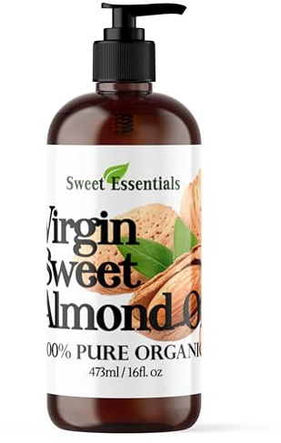 Organic Unrefined Virgin Sweet Almond Oil | Imported From Italy | 100% Pure | Cold Pressed | Hexane Free | Great For Hair, Skin & Nails | Carrier Oil (16 Fluid Ounces - Glass Bottle w/Pump)