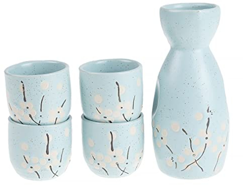 lachineuse - Servizio sake fiori di ciliegio blu - con 4 ciotole e caraffa - bicchieri da sake giapponesi - regalo da tavola asiatico - servizio sake porcellana Giappone - idea regalo - azzurro cielo
