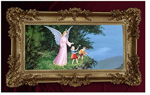 Made in Italy Barock Gemälde Bild Schutzengel Engel zwei Kinder am Felsen 96x57cm mit Rahmen Repro Antik look (Gold) 75B