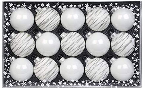 15 Weihnachtskugeln 6 cm mit Streifen - Motive Glas Dekor Geschenkbox Set Christbaumschmuck Weihnachtsdeko Weihnachtsschmuck Deko Weihnachten Kugeln Farbe: weiß Glanz matt