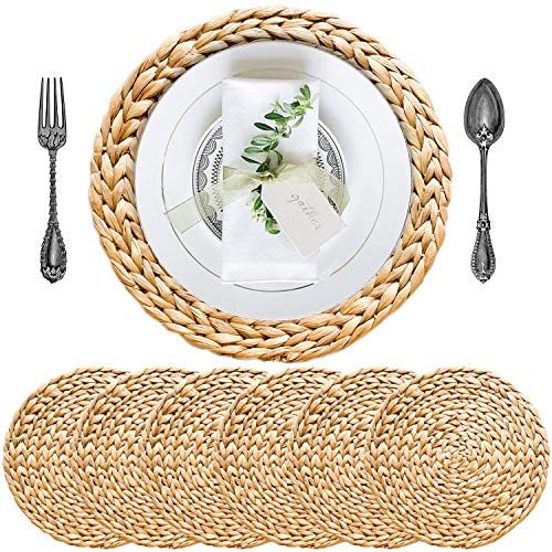 Runde gewebte Platzsets, 6 Stück, 30 cm, kleine Wasserhyazinthen-Tischmatten für Salat- und Dessertteller, handgewebte Weidenuntersetzer für Schalen und Tassen, Boho, Bauernhaus, Küche und Café