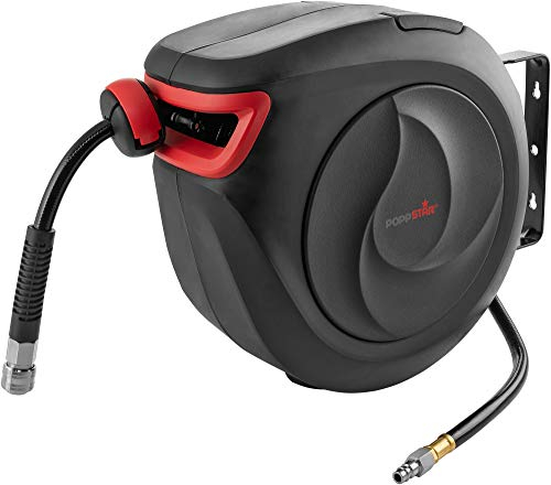 Poppstar Enrouleur de tuyau d'air comprimé PREMIUM (tuyau: 15m + 1m, diamètre intérieur 3/8 (9,5x15mm)), raccord en laiton 1/4 BSPT, Devidoir de tuyau d'air avec rembobinage automatique