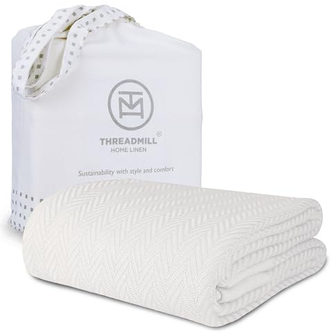 Threadmill Luxury Cotton Blankets for Queen Size Bed | All-Season 100% Cotton Queen Size Blanket | Herringbone Cozy, Soft Breathable Fall Thermal Blanket fits Full Size Bed | Tusk White