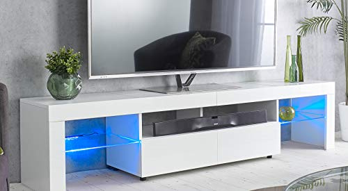 MMT Furniture Designs White TV Stand Cabinet with LED Lights, 200cm Lowboard TV Unit for 50 Inch Smart TV, Fits Up to 90 Inch TVs, 45cm Deep with Glass Shelves