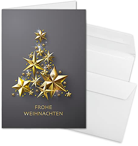 30x Weihnachtskarten-Set DIN A6 in Grau mit goldenem Weihnachtsbaum aus Sternen - Faltkarten mit passenden Umschlägen DIN C6 Hochweiß mit Haftklebung - Weihnachtsgrüße für Firmen und Privat