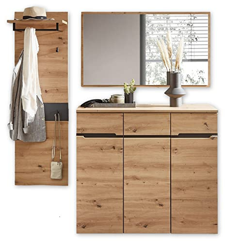 Stella Trading MEMPHIS Flurgarderoben Set in Artisan Eiche Optik, Graphit - Modernes Garderobenset 3-teilig für Ihren Eingangsbereich - 181 x 190 x 38 cm (B/H/T)