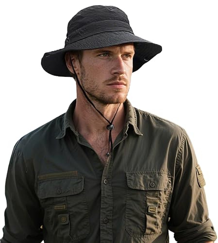 Clakllie Vattentät fiskarhatt UV-skydd vandringshatt safari-hatt herr safari-hatt med hakband andas solskydd djungelhatt för kvinnor och män, H-XT05-svart, one size