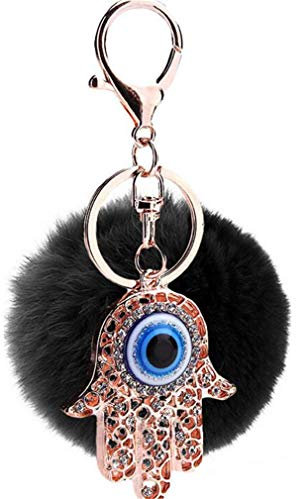 Pompons Schlüsselanhänger, Plüsch Taschenanhänger, Flauschige Pompom Taschenanhänger, Faux Kaninchen Pelz Plüschball mit Strass Hand Kugel bommel Keychain für Handtasche Schlüssel Auto (Schwarz)