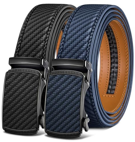 KEMISANT Gürtel Herren 2er, Gürtel Ratsche Automatikschließe Ledergürtel für Herren Verstellbar 35mm Breit mit Geschenkbox(Schwarz/Purpurblau-120cm/34-40 taille verstellbar)