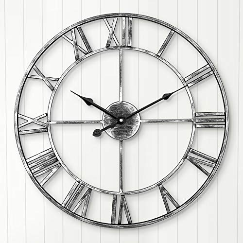 ARVINKEY Leise Wanduhr, europäisches Bauernhaus, Vintage-Uhr mit römischen Ziffern, 47 cm, Nicht tickend, batteriebetrieben, Metallskelett, dekorative Uhr für Zuhause, Küche, Café (Silber)