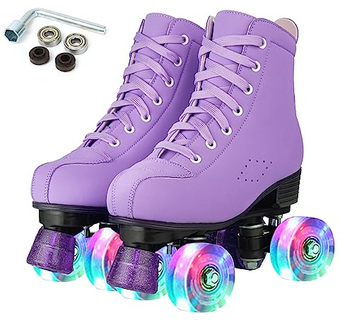 XUDREZ Women Roller Skates High Top Shoes Double Row Shiny Roller Derby Skates Four Wheel Unisex PU Classic Skates for Beginner Indoor Outdoor (Purple flashing wheel,EUR40-Uk7)
