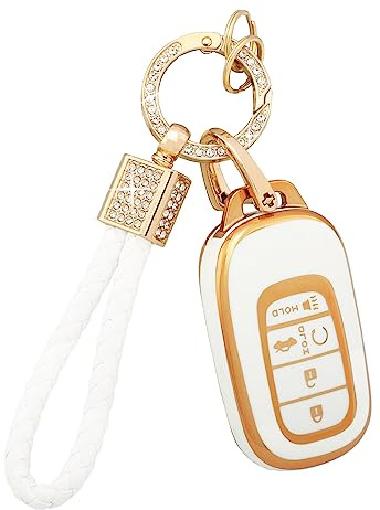 PIFOOG Key Fob Cover fit for Honda Accord Civic 2025 2024 2023 HRV CRV Pilot Accessories 5 Buttons Car Keys Case Shell Full Protector Bling Keychain Girly Women TPU White Gold