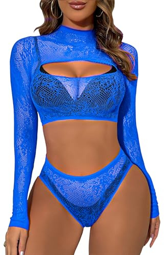 Buitifo Womens Lingerie Set Fishnet Babydoll Front Open Bodysuit Sexy Nightwear Sleepwear(Blue 90,one Size)
