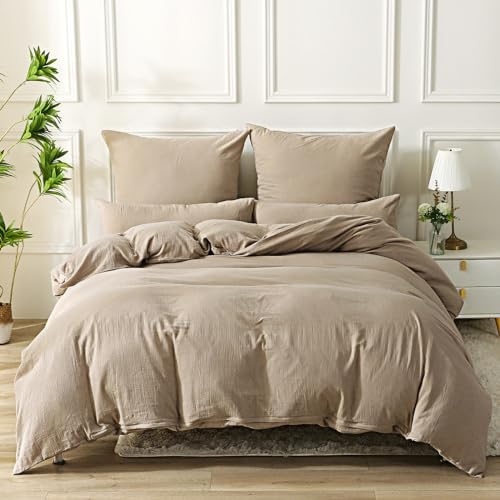 SOULFUL Doppelte Muslin Bettwäsche 135x200 4 Teilig Baumwolle, Bettwäsche-Sets 2er Set Bettbezug mit 2 Kissenbezüge 80x80 cm, ÖKO-TEX Bettwäsche Helles Kaffeebraun mit Reißverschluss