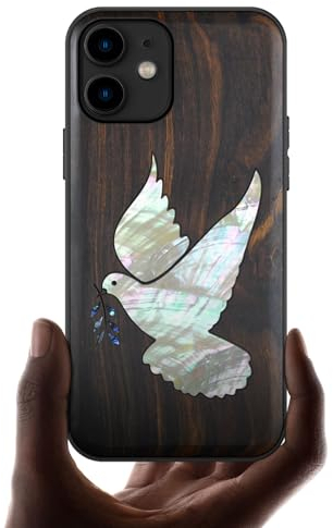 Carveit Étui pour iPhone 11 Coque [Gravure en Bois et Incrustation de Coquille] Cover Compatible avec Apple 11 Luxe et Case Etui Bois (Bois Sombre-Colombe Blanche)