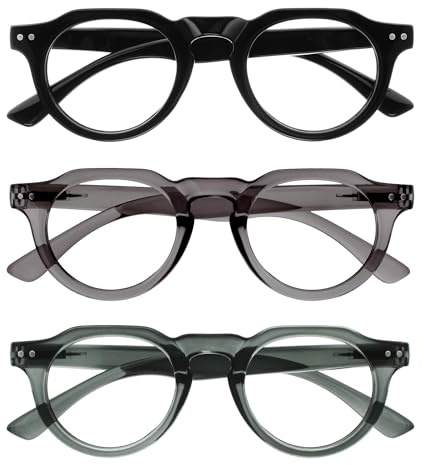 OPULIZE RIO Set da 3 Occhiali da Lettura Anti Luce Blu - Montatura con Bordo Superiore Piatto - Nero, Verde, Grigio - Uomini e Donne - BBB53-167 - +2.00