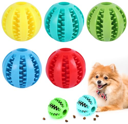 Pasdrucn 5 Stück Hundeball mit Zahnpflegeb, Snackball Futterball Hund Ø 5cm, Kauen Leckerli Ball für Hunde, Naturkautschuk Hundeball für Welpen, kleine Hunde, Langeweile, Zahnreinigung