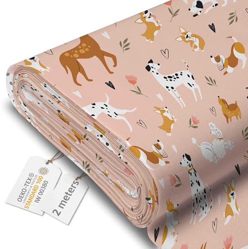 DreamRoots Tela impermeable por metros 600D 220g/m - Tela para tapizar sillas, cojines, sofas - Lona impermeable exterior 160 cm ancho - Tela para toldos exterior Pink Cartoon Dogs 2M